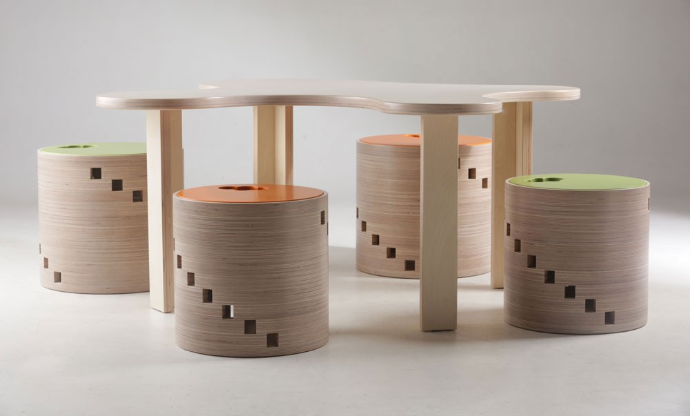 Kids furniture made of birch plywood.
The sizes for the chairs-toy boxes:
- Small (height - 309mm, diameter - 340mm)
- Large (height - 348mm, diameter - 380mm)
The size for the illustrated table (heigth - 500mm, width - 1200x1200mm)